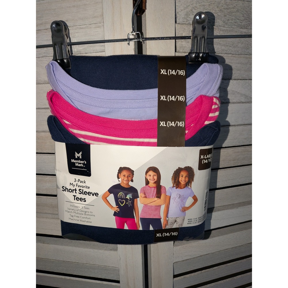 Members Mark Girls 3-Pack Short Sleeve Tees Navy Pink Purple XL 14/16 Unicorn